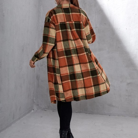 Casual Plaid Print Flap Pocket button down Duster Jacker Coat - Picture 7 of 7